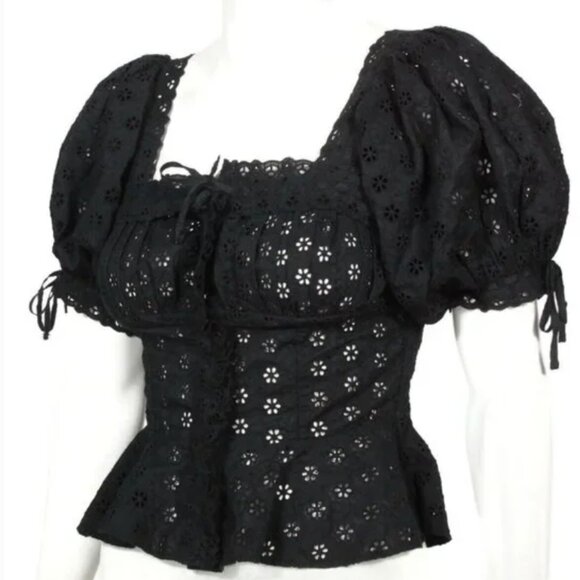 DOEN Docia Black Eyelet Puff Sleeve Eye Hook Victorian Style Peplum Top XS - Picture 4 of 7